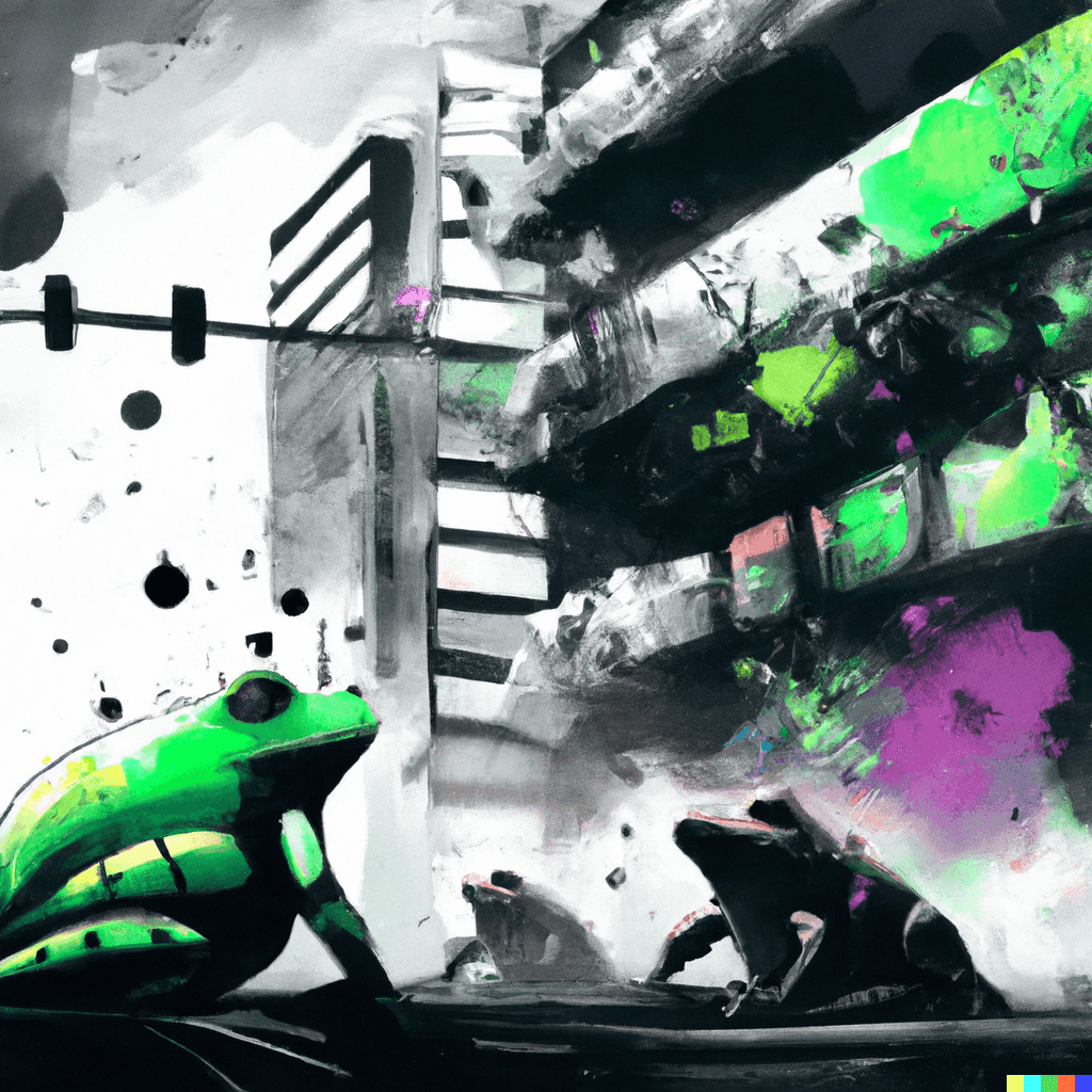 frog in cyberpunk city (watercolor)